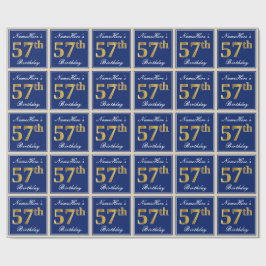 Elegant, blauw, Faux Gold 57th Birthday + naam Cadeaupapier