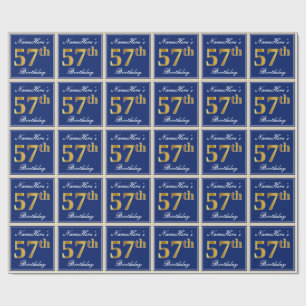 Elegant, blauw, Faux Gold 57th Birthday + naam Cadeaupapier