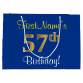 Elegant, blauw, Faux Gold 57th Birthday + naam Groot Cadeauzakje (Achterkant)