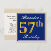 Elegant, blauw, Faux Gold 57th Birthday + naam Kaart