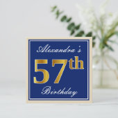 Elegant, blauw, Faux Gold 57th Birthday + naam Kaart