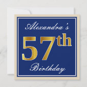 Elegant, blauw, Faux Gold 57th Birthday + naam Kaart (Voorkant)