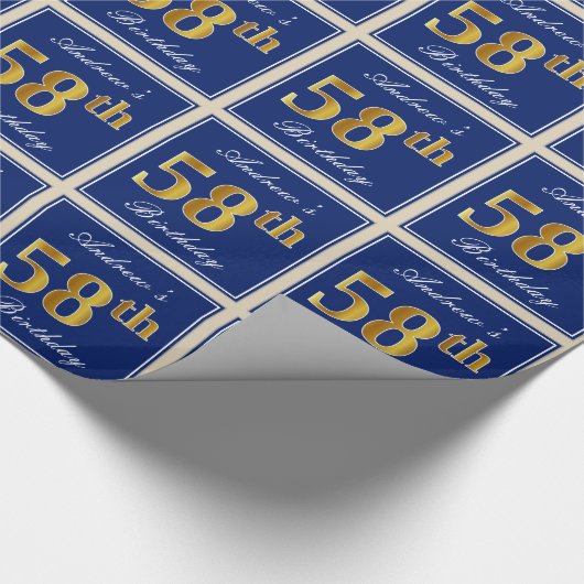Elegant, blauw, Faux Gold 58th Birthday + naam Cadeaupapier (Hoek)