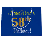 Elegant, blauw, Faux Gold 58th Birthday + naam Groot Cadeauzakje (Voorkant)