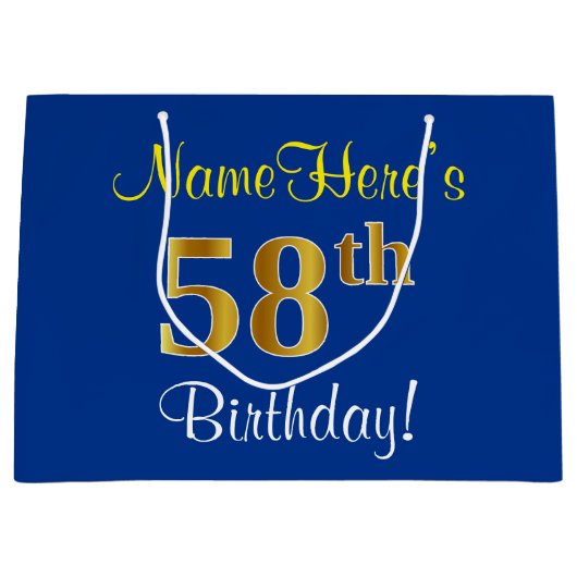 Elegant, blauw, Faux Gold 58th Birthday + naam Groot Cadeauzakje (Voorkant)