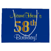 Elegant, blauw, Faux Gold 58th Birthday + naam Groot Cadeauzakje (Achterkant)
