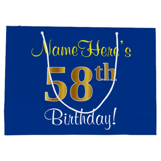 Elegant, blauw, Faux Gold 58th Birthday + naam Groot Cadeauzakje (Achterkant)