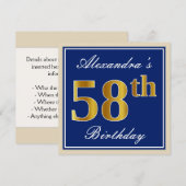 Elegant, blauw, Faux Gold 58th Birthday + naam Kaart (Voorkant / Achterkant)