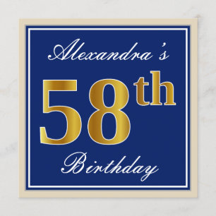 Elegant, blauw, Faux Gold 58th Birthday + naam Kaart