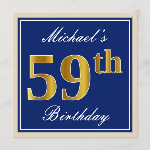 Elegant, blauw, Faux Gold 59th Birthday + naam Kaart