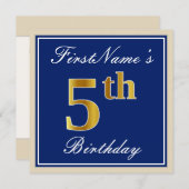 Elegant, blauw, Faux Gold 5th Birthday; aangepaste Kaart (Voorkant / Achterkant)