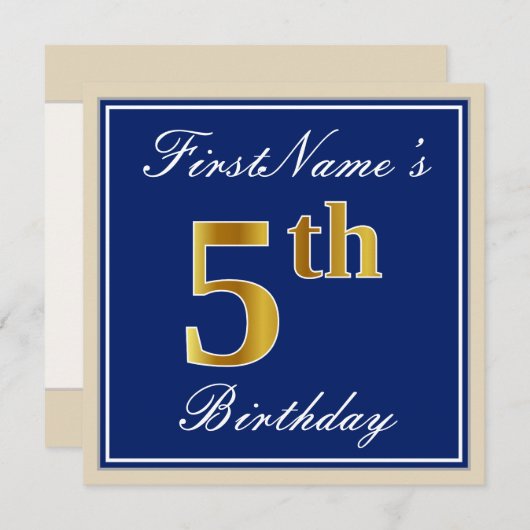 Elegant, blauw, Faux Gold 5th Birthday; aangepaste Kaart (Voorkant / Achterkant)