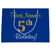 Elegant, blauw, Faux Gold 5th Birthday; aangepaste Large Cadeautasje (Voorkant)