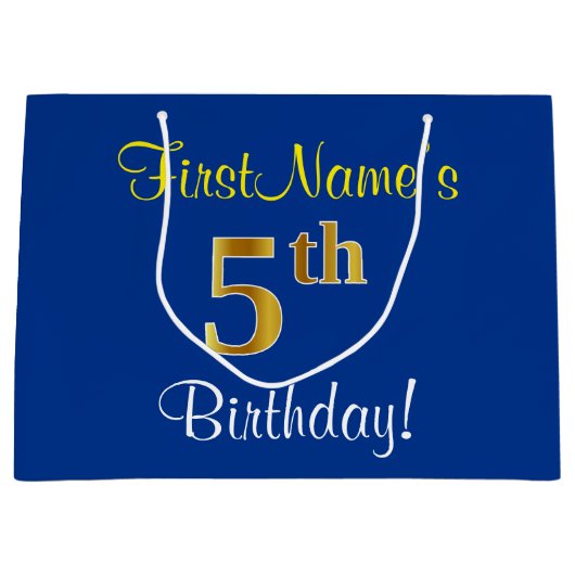 Elegant, blauw, Faux Gold 5th Birthday; aangepaste Large Cadeautasje (Voorkant)