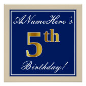 Elegant, blauw, Faux Gold 5th Birthday; aangepaste Poster (Voorkant)