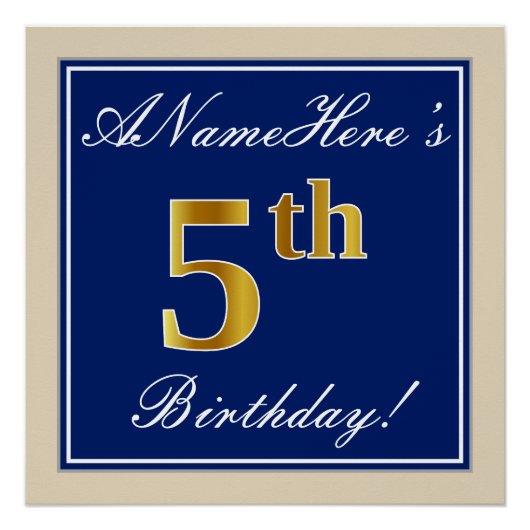 Elegant, blauw, Faux Gold 5th Birthday; aangepaste Poster (Voorkant)
