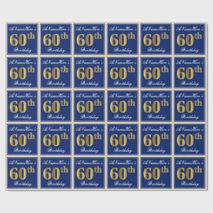 Elegant, blauw, Faux Gold 60th Birthday + naam Cadeaupapier