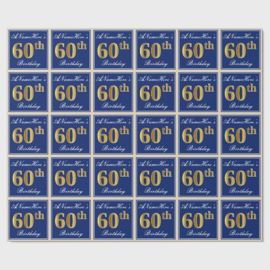 Elegant, blauw, Faux Gold 60th Birthday + naam Cadeaupapier (Vlak)