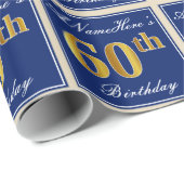 Elegant, blauw, Faux Gold 60th Birthday + naam Cadeaupapier (Rol Hoek)