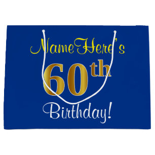 Elegant, blauw, Faux Gold 60th Birthday + naam Groot Cadeauzakje