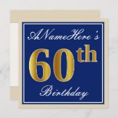 Elegant, blauw, Faux Gold 60th Birthday + naam Kaart (Voorkant / Achterkant)