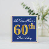 Elegant, blauw, Faux Gold 60th Birthday + naam Kaart (Staand voorkant)