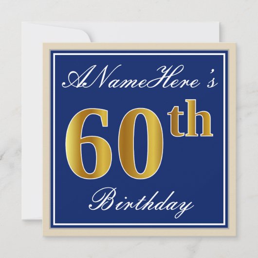 Elegant, blauw, Faux Gold 60th Birthday + naam Kaart (Voorkant)