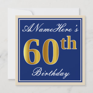 Elegant, blauw, Faux Gold 60th Birthday + naam Kaart