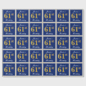 Elegant, blauw, Faux Gold 61st Birthday + naam Cadeaupapier (Vlak)