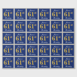 Elegant, blauw, Faux Gold 61st Birthday + naam Cadeaupapier