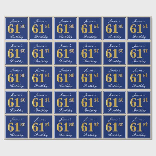 Elegant, blauw, Faux Gold 61st Birthday + naam Cadeaupapier (Vlak)