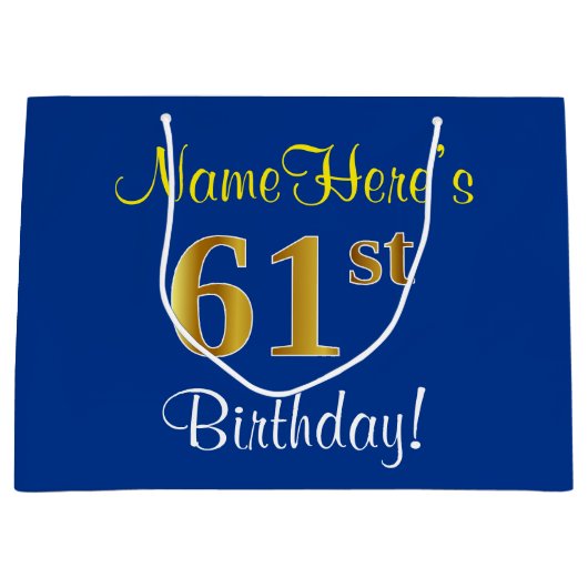 Elegant, blauw, Faux Gold 61st Birthday + naam Groot Cadeauzakje (Voorkant)