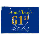 Elegant, blauw, Faux Gold 61st Birthday + naam Groot Cadeauzakje (Achterkant)