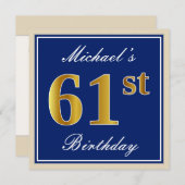 Elegant, blauw, Faux Gold 61st Birthday + naam Kaart (Voorkant / Achterkant)
