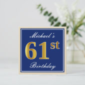 Elegant, blauw, Faux Gold 61st Birthday + naam Kaart (Staand voorkant)