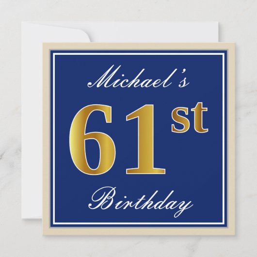 Elegant, blauw, Faux Gold 61st Birthday + naam Kaart (Voorkant)