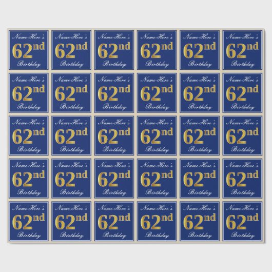 Elegant, blauw, Faux Gold 62e verjaardag + naam Cadeaupapier (Vlak)