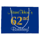 Elegant, blauw, Faux Gold 62e verjaardag + naam Groot Cadeauzakje (Achterkant)