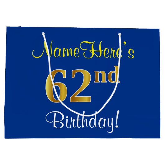 Elegant, blauw, Faux Gold 62e verjaardag + naam Groot Cadeauzakje (Achterkant)