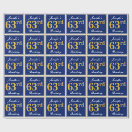 Elegant, blauw, Faux Gold 63rd Birthday + naam Cadeaupapier