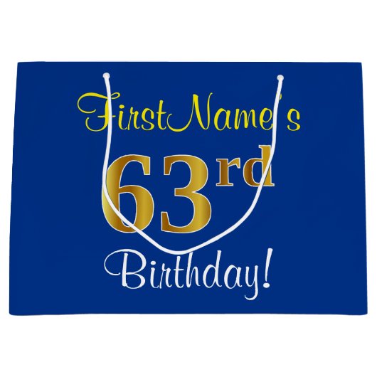 Elegant, blauw, Faux Gold 63rd Birthday + naam Groot Cadeauzakje (Voorkant)