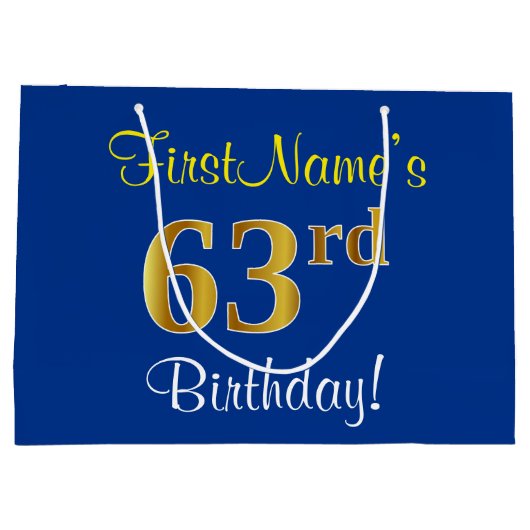 Elegant, blauw, Faux Gold 63rd Birthday + naam Groot Cadeauzakje (Achterkant)