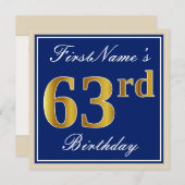 Elegant, blauw, Faux Gold 63rd Birthday + naam Kaart (Voorkant / Achterkant)