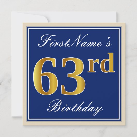 Elegant, blauw, Faux Gold 63rd Birthday + naam Kaart (Voorkant)