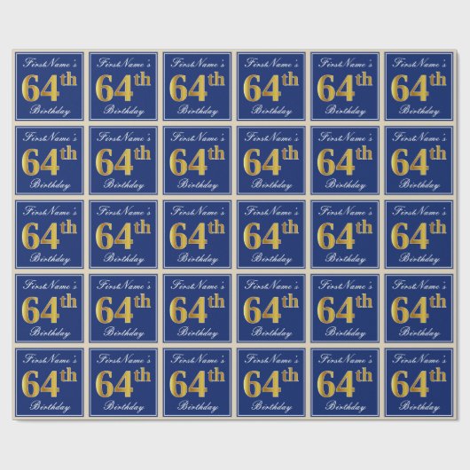 Elegant, blauw, Faux Gold 64th Birthday + naam Cadeaupapier (Vlak)