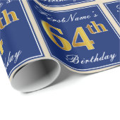 Elegant, blauw, Faux Gold 64th Birthday + naam Cadeaupapier (Rol Hoek)