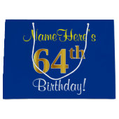Elegant, blauw, Faux Gold 64th Birthday + naam Groot Cadeauzakje (Voorkant)