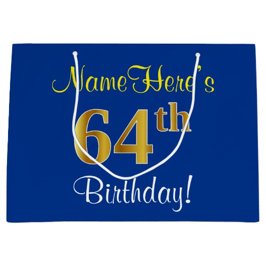 Elegant, blauw, Faux Gold 64th Birthday + naam Groot Cadeauzakje (Voorkant)