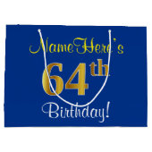 Elegant, blauw, Faux Gold 64th Birthday + naam Groot Cadeauzakje (Achterkant)