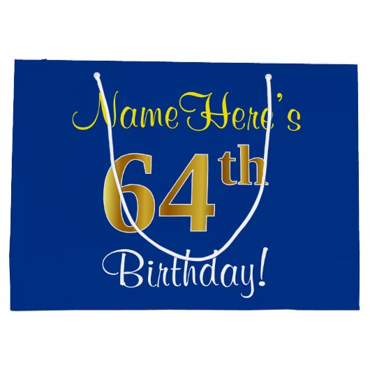 Elegant, blauw, Faux Gold 64th Birthday + naam Groot Cadeauzakje (Achterkant)